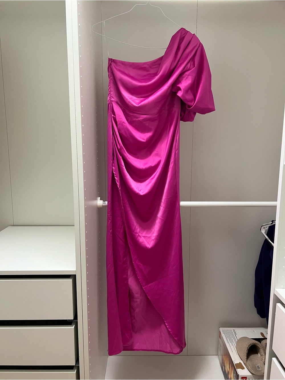 Boohoo One-Shoulder Hot Pink Draped Evening Gown - Picture 7 of 9